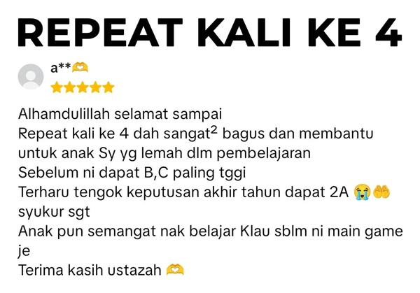 Testimoni a**: beli kali ke-4; anak yang dulu dapat B dan C kini dapat 2A dalam peperiksaan akhir tahun dan lebih semangat belajar.